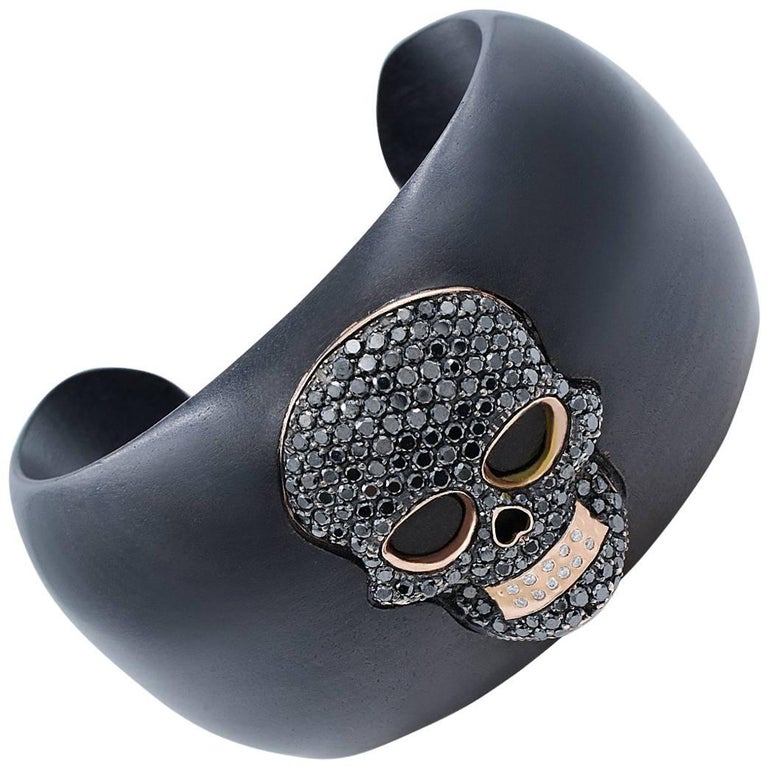 Black Diamond Scull Wood Bangle Cuff Bracelet by Luigi Tavanti For Sale