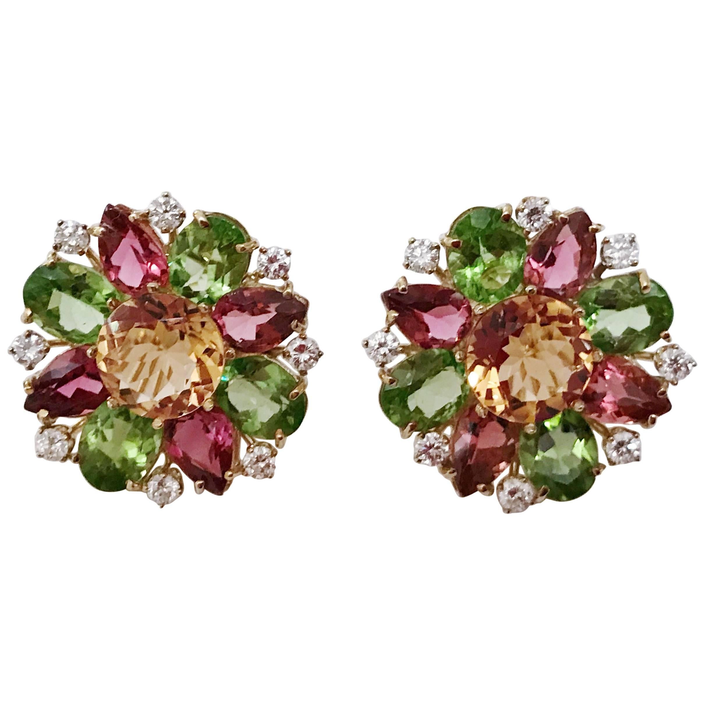 Yellow Gold Multi Stone Flower Earring Stud For Sale