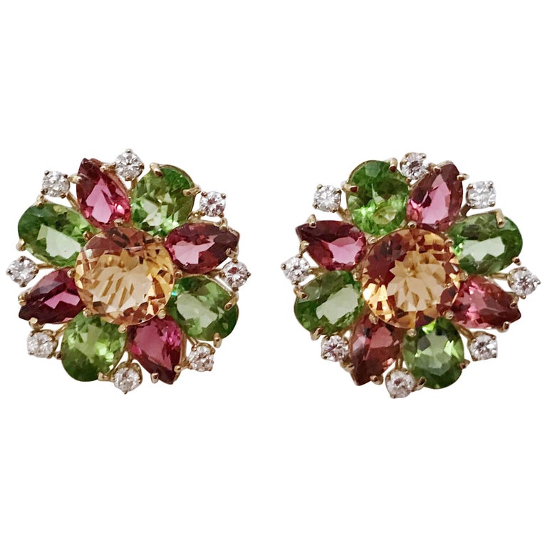 Yellow Gold Multi Stone Flower Earring Stud For Sale at 1stDibs gold