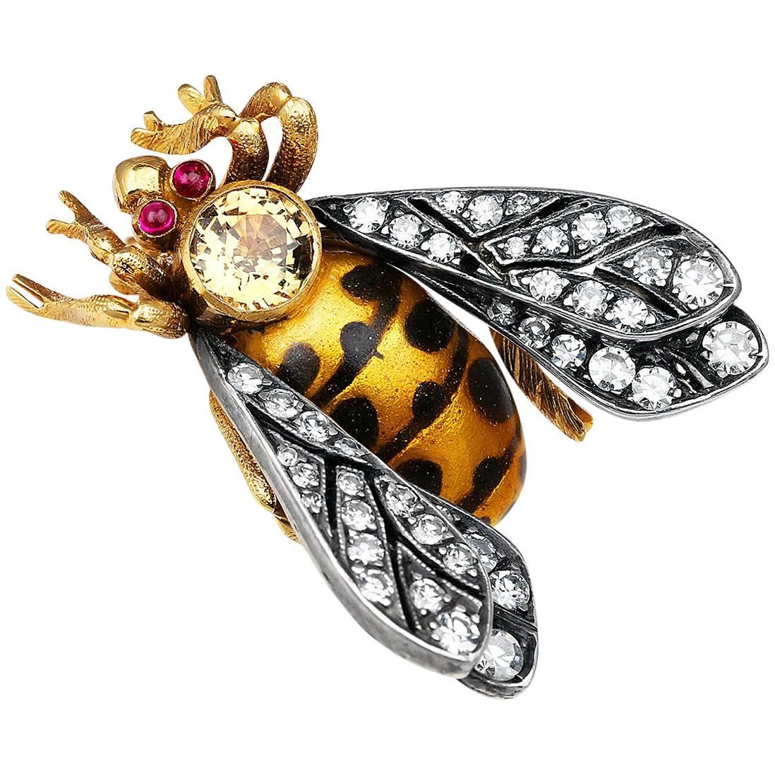 Enamel and Diamond Bee Pin For Sale