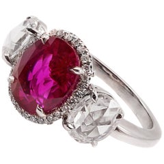 2.73 Carat SSEF Certified Burma Ruby Rose Cut Diamond Platinum Ring