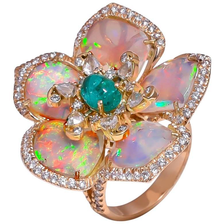 10.30 Carat Opal, Emerald and Diamond Cocktail Ring