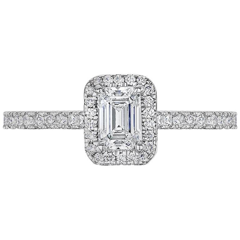 GIA Certified 1 Carat Emerald Cut Diamond Halo Engagement Ring For Sale