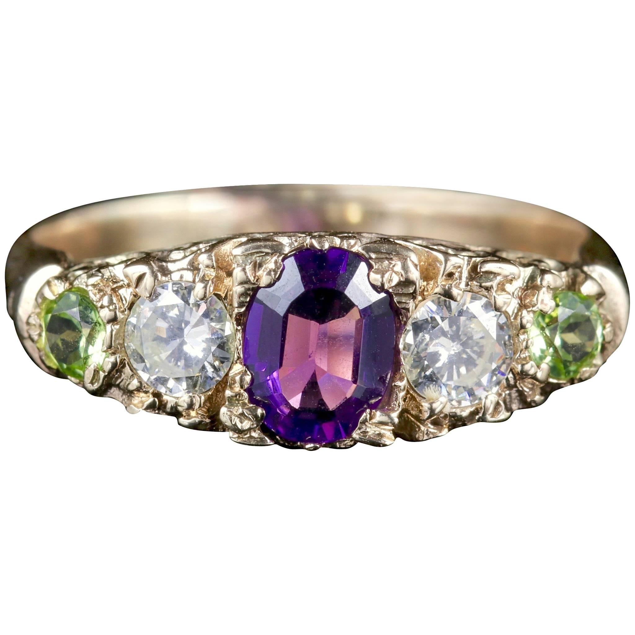 Antique Victorian Suffragette Ring Diamond Amethyst Peridot, circa 1900