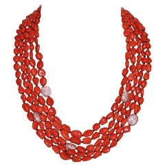 Coral and Pink Sapphires Pearls, Bakelite Multi-Strand Necklace
