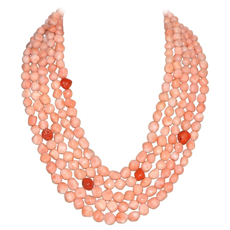Pink and Red Coral, Bakelite MultiStrand Necklace For Sale at 1stDibs
