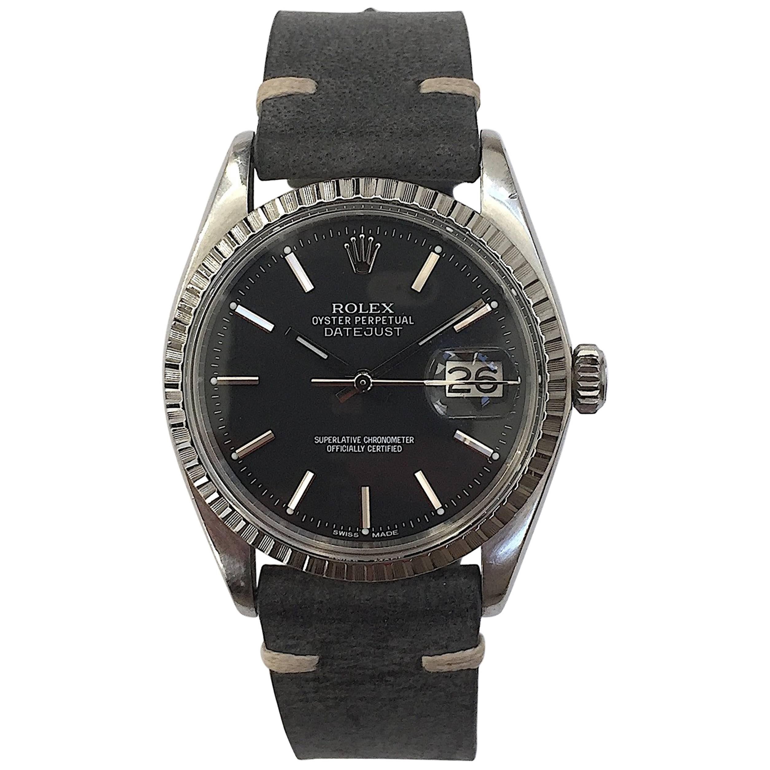 Rolex Stainless Steel Black Dial Oyster Perpetual Datejust Wristwatch, 1970s