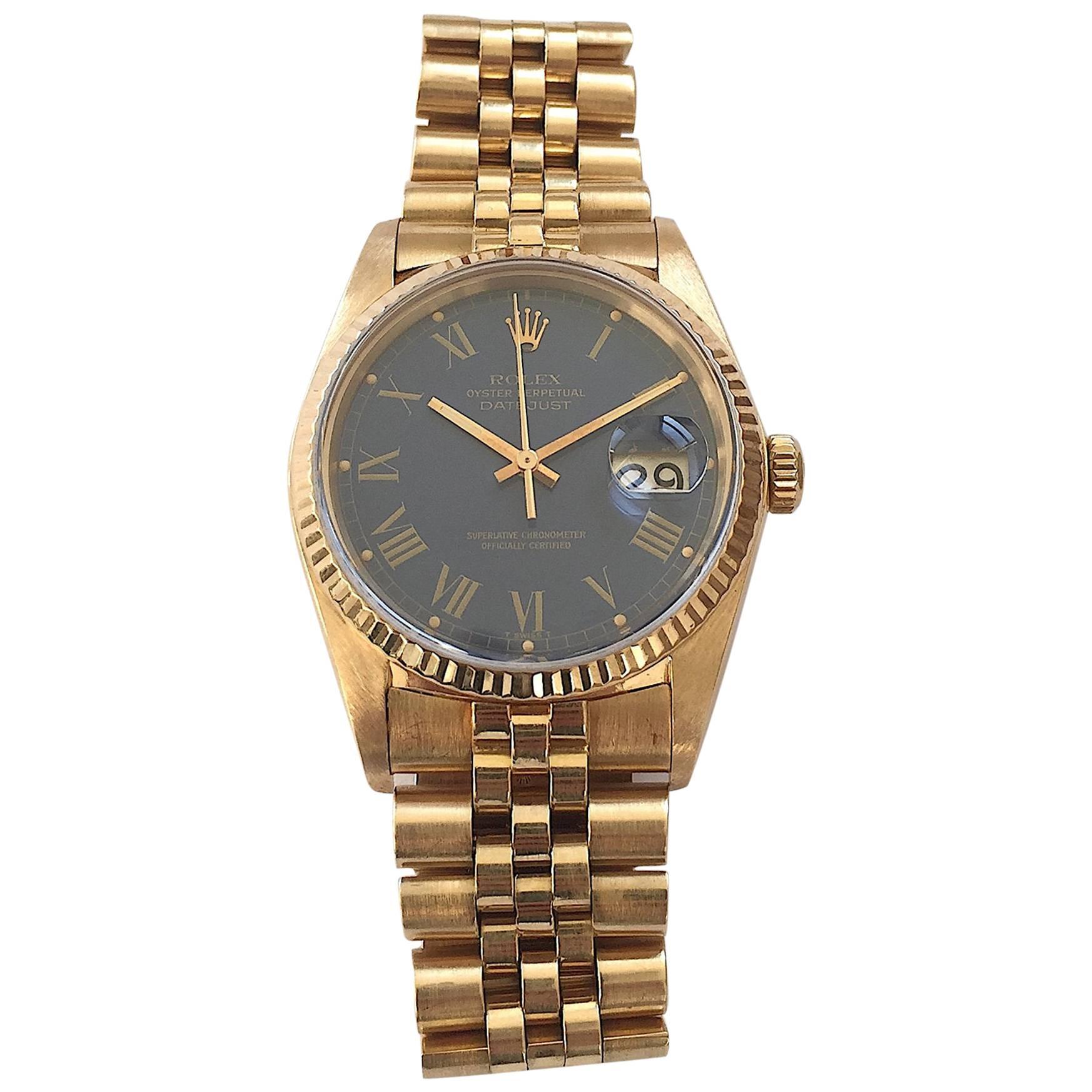 Rolex Yellow Gold Blue Buckley Dial Datejust Automatic Wristwatch For Sale