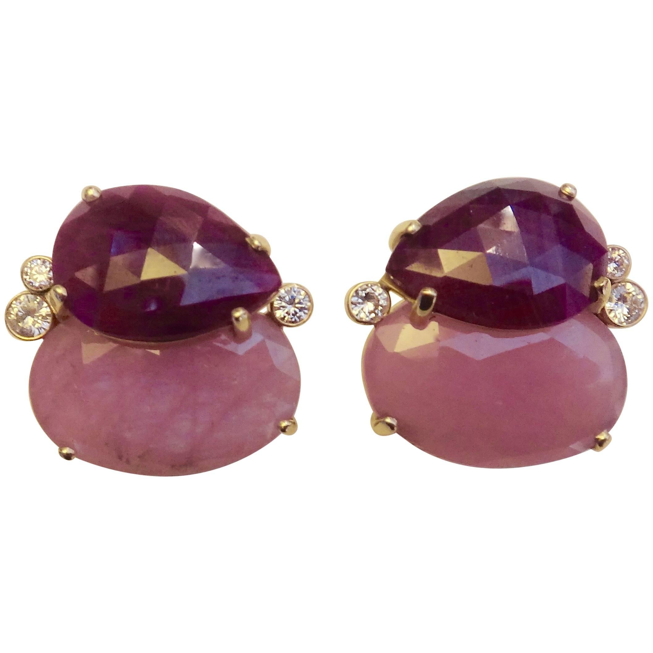 Michael Kneebone Ruby Pink Sapphire Diamond Gold Button Earrings