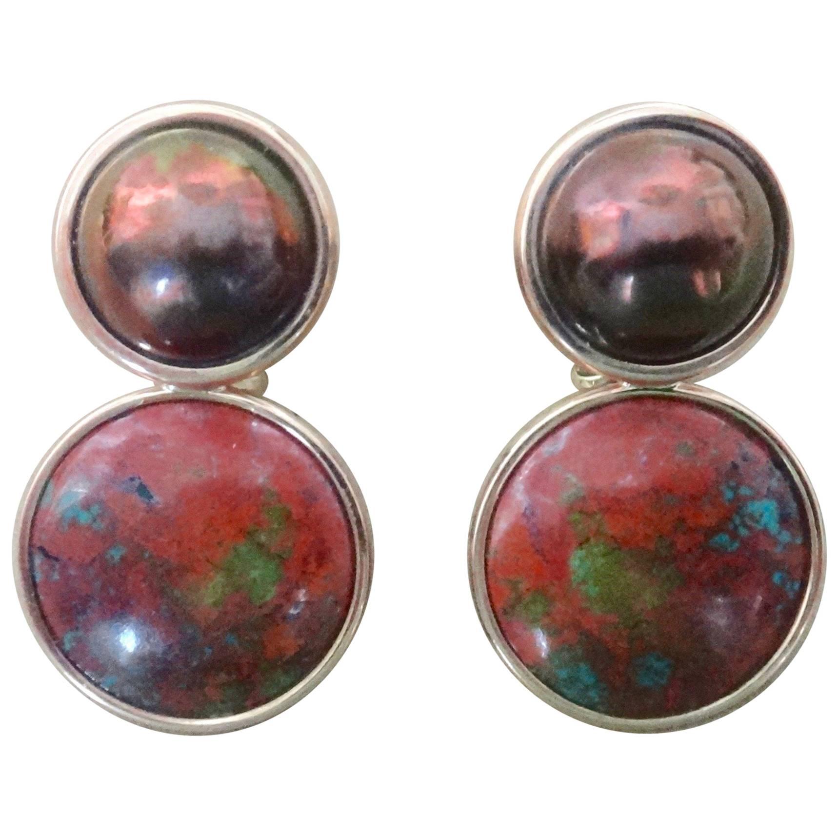 Michael Kneebone Bronze Mobe Pearl Red Jasper Pink Gold Drop Earrings