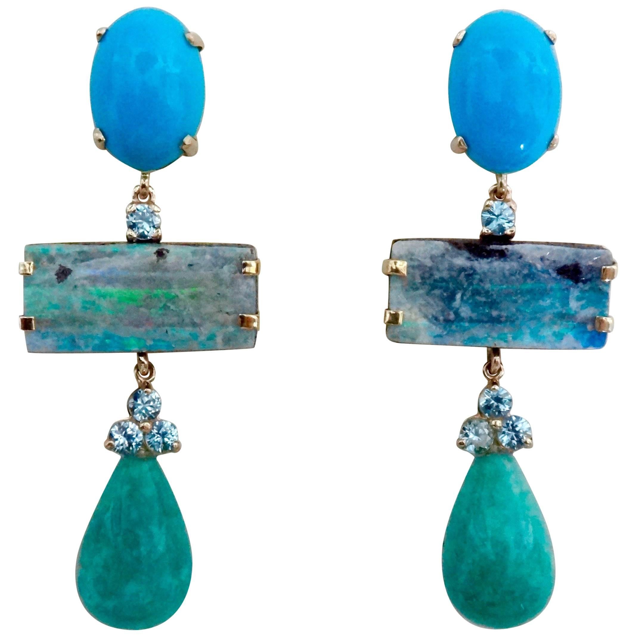 Michael Kneebone Turquoise Zircon Boulder Opal Amazonite Dangle Earrings