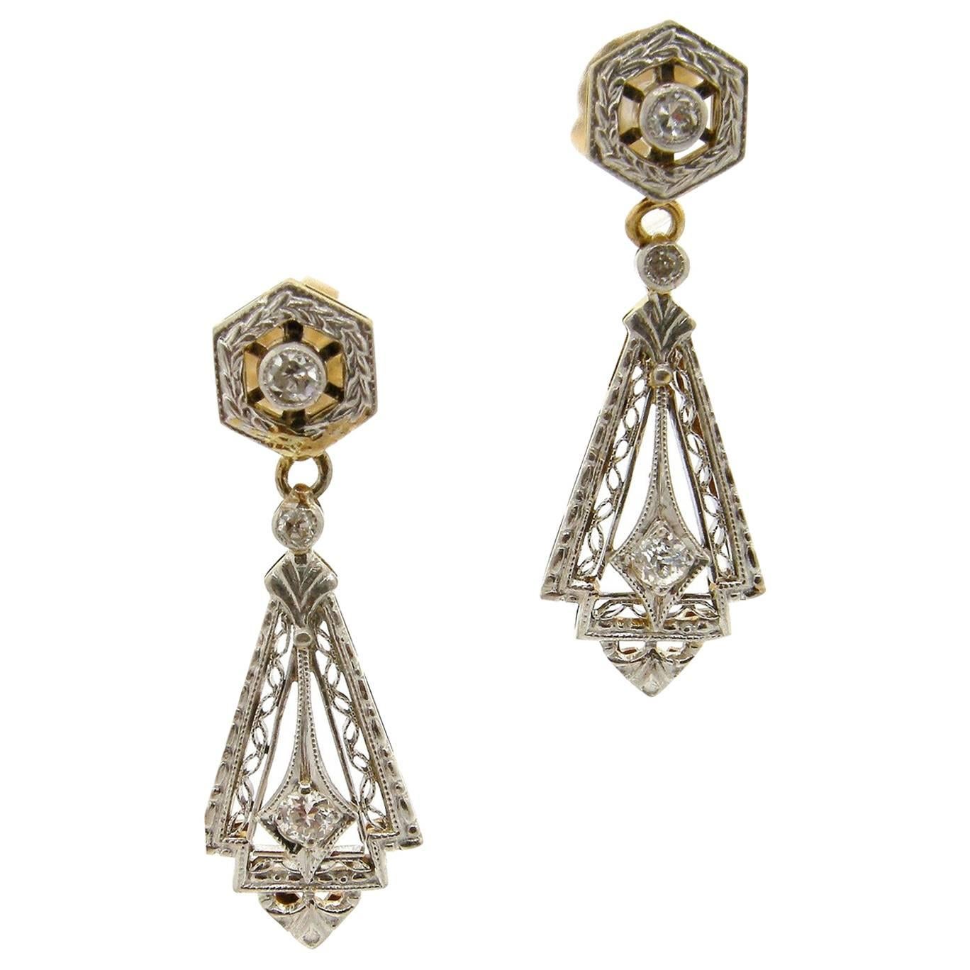 Art Deco Diamond Platinum and Gold Earrings