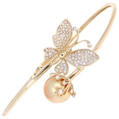 1.60 Carat Diamond South Sea Pearl Yellow Gold Cuff Bangle Bracelet