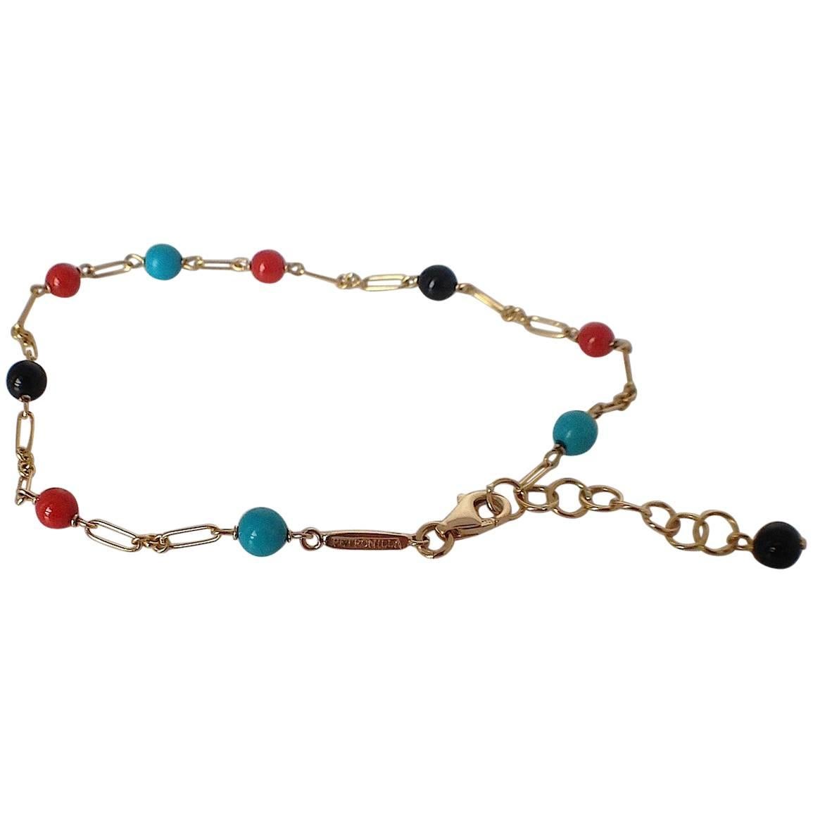 Red and Black Coral Turquoise Bead Handmade Gold Bracelet