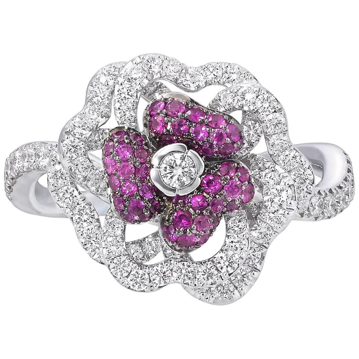 Ruby and Diamonds, White Gold Flower Ring