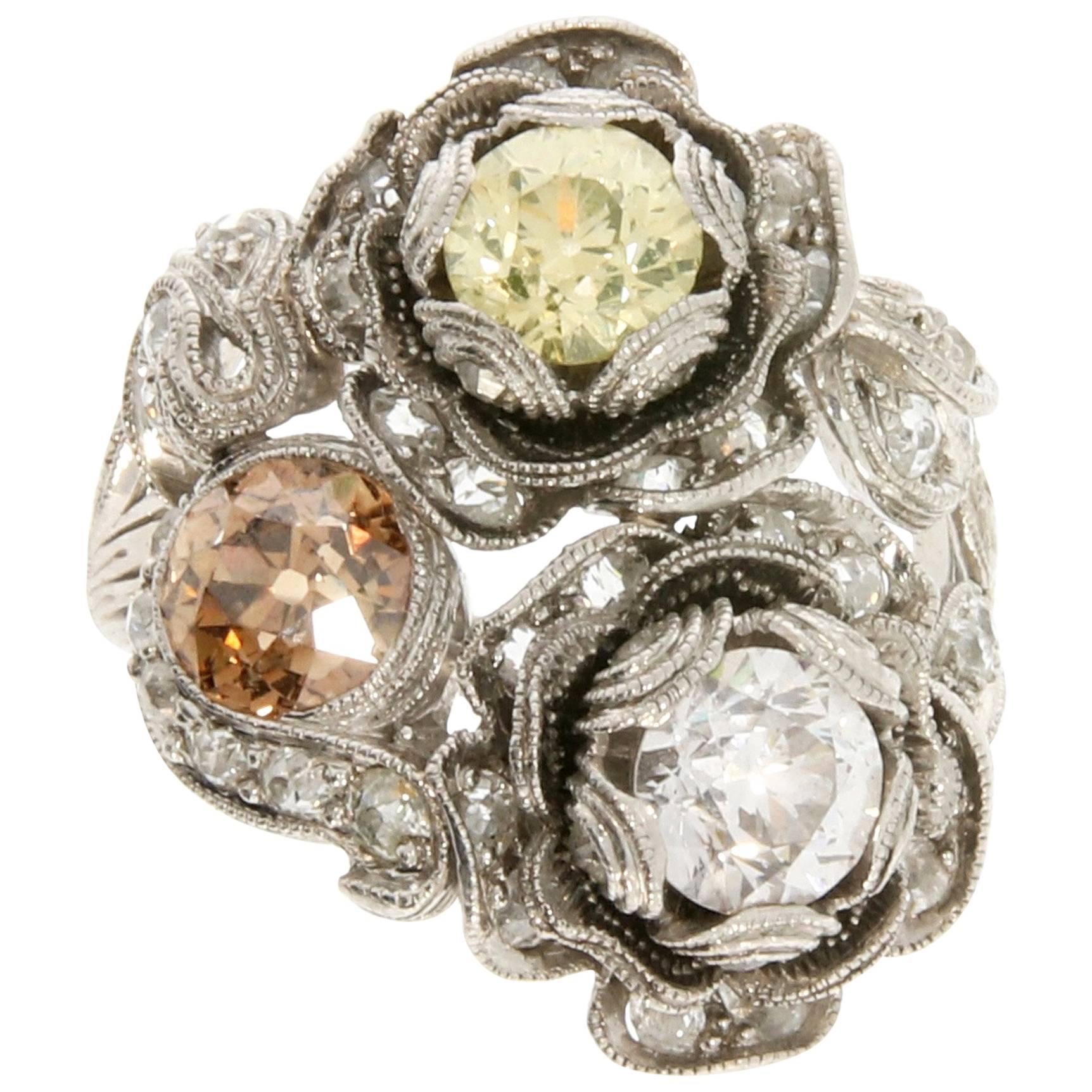 Floral Platinum and Fancy Diamond Cocktail Ring, circa 1910 For Sale