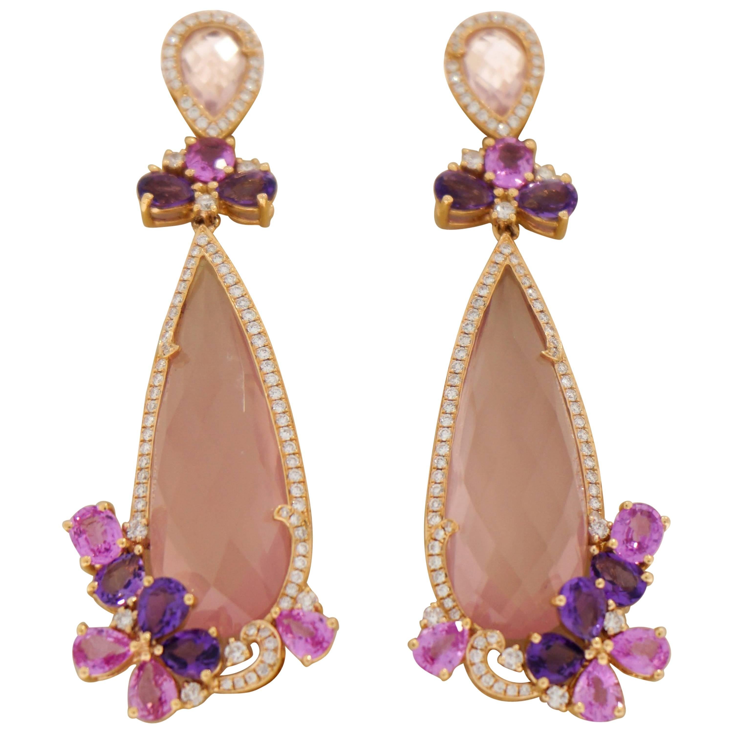 Pear Shaped Pink Quartz, Pinks Sapphires and Amethyst Drop Earrings