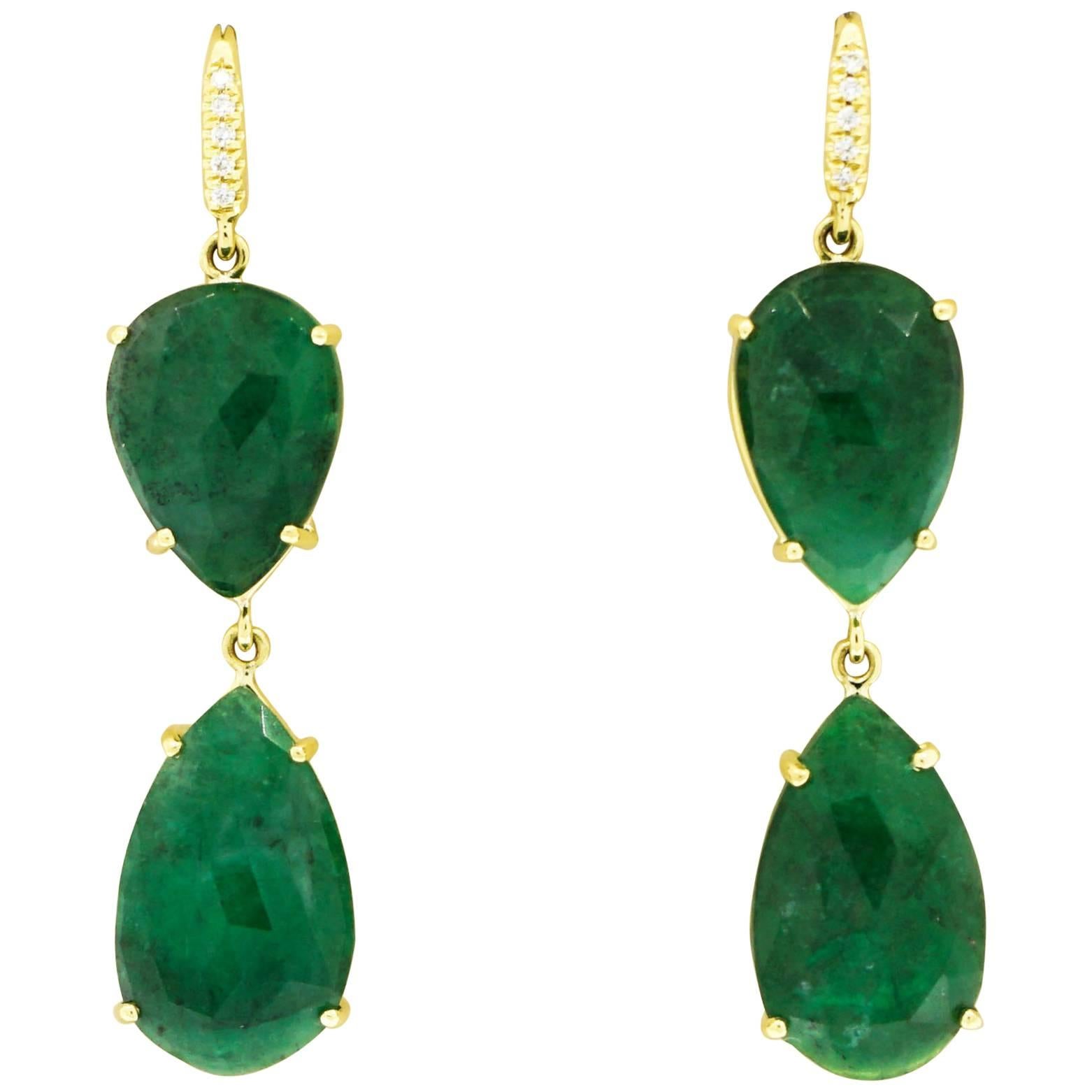 Pear Shaped Emerald and Diamond Drop Earrings by Lauren K