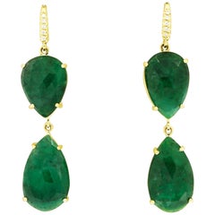 Pear Shaped Emerald and Diamond Drop Earrings by Lauren K