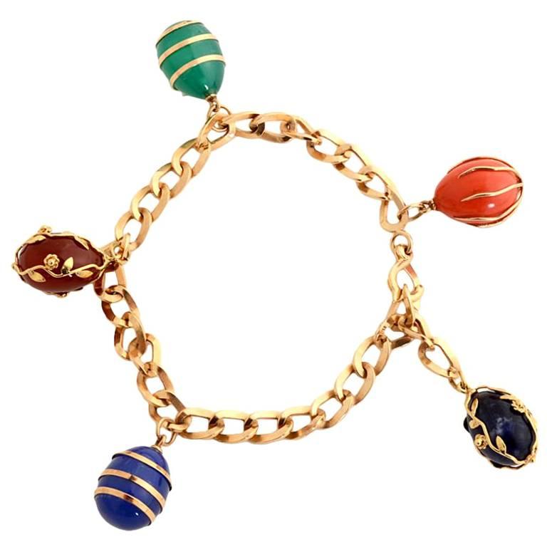 Gold Link Bracelet with Stone Charms For Sale at 1stDibs