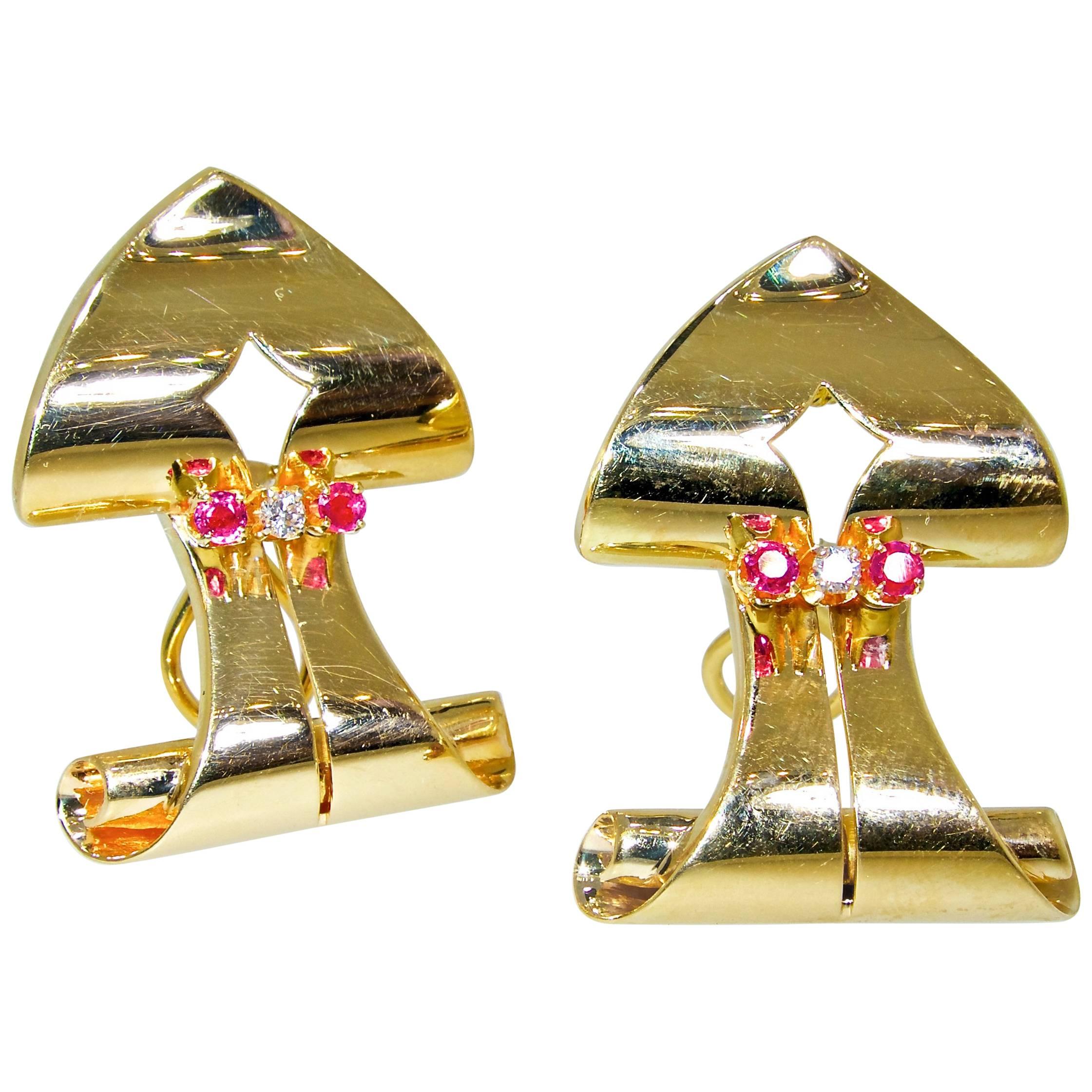 Retro Ruby and Diamond Arrow Motif Gold Earrings, circa 1950
