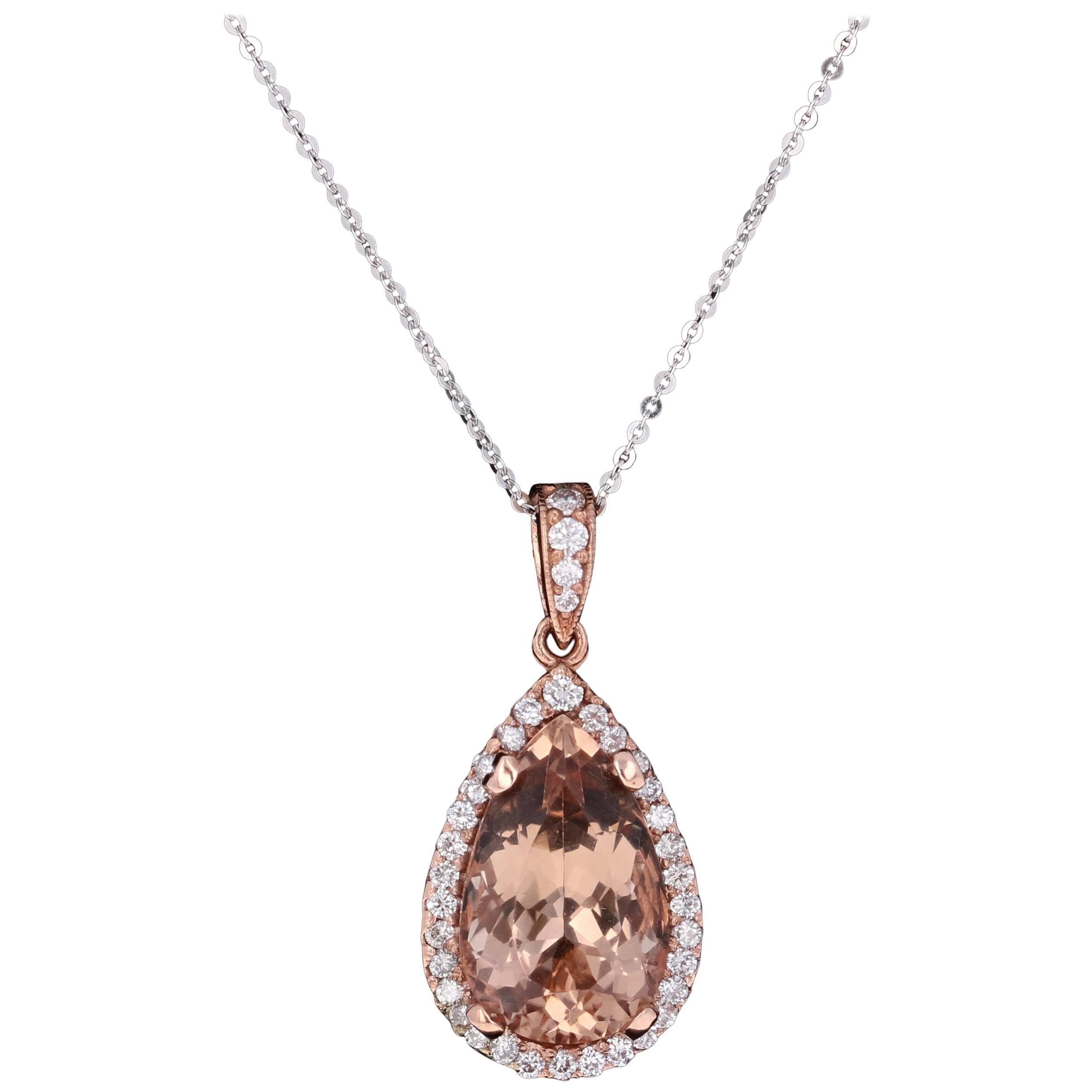 8.40 Carat Morganite Halo Diamond 14K Rose Gold Pendant For Sale