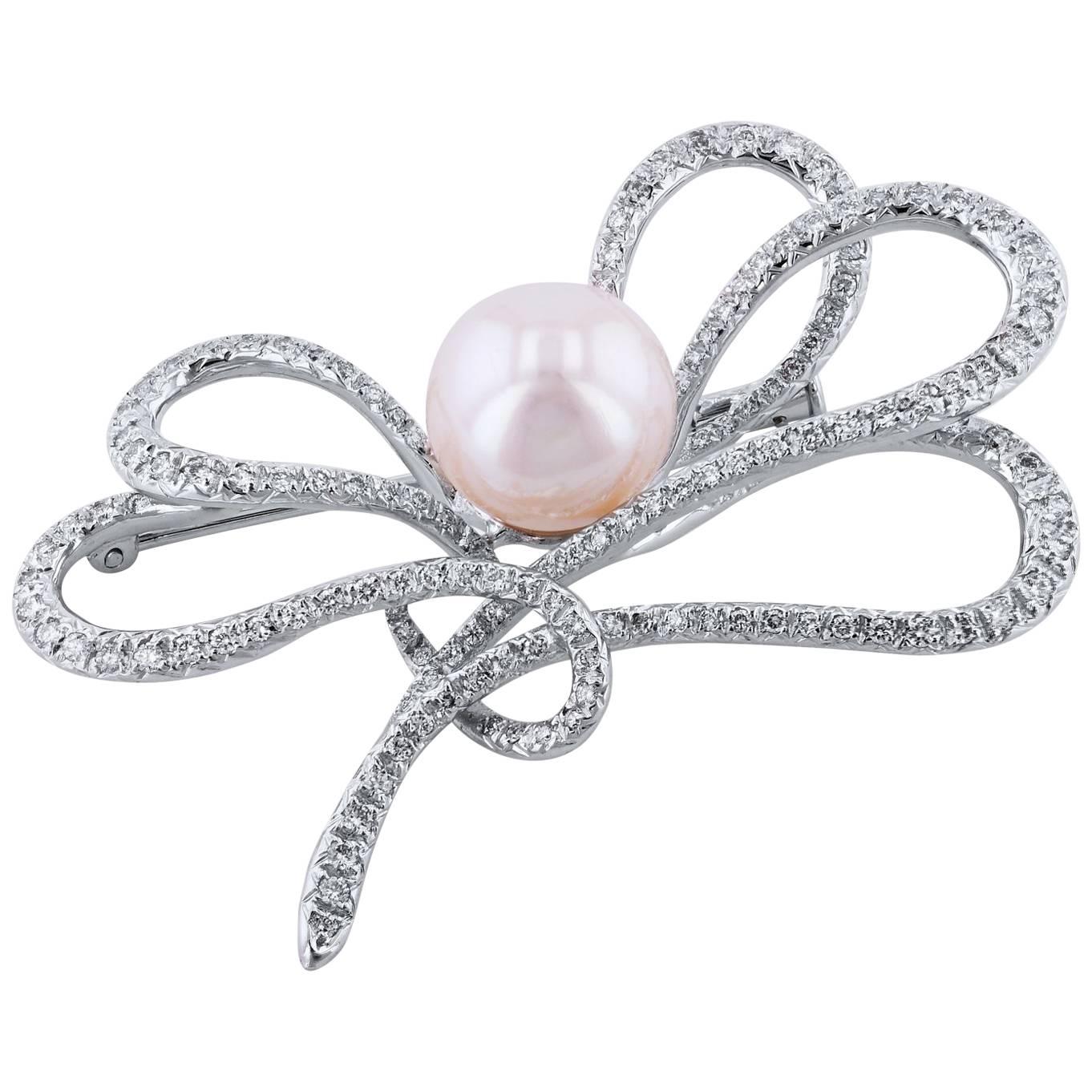 Diamond and White Pearl Swirl Pendant with Brooch Pin For Sale