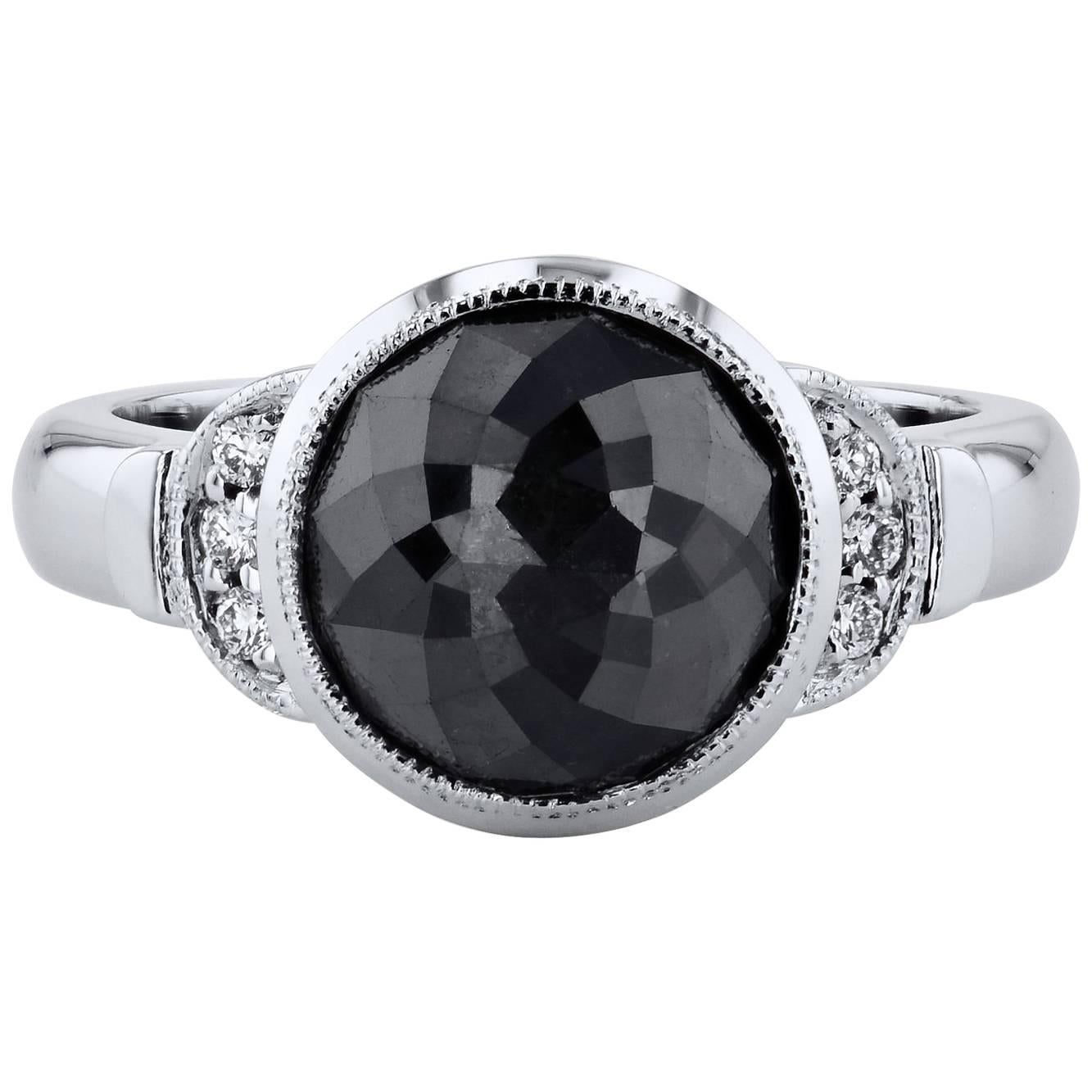 4 Carat Bezel Set Rose Cut Black Diamond Ring Handmade by H & H Jewels
