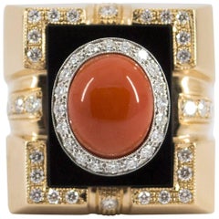 Mediterranean Red Coral Onyx Diamond Yellow Gold Cocktail Ring