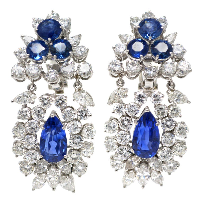 Ceylon No Heat Blue Sapphire and Diamond Ear Pendants at 1stDibs