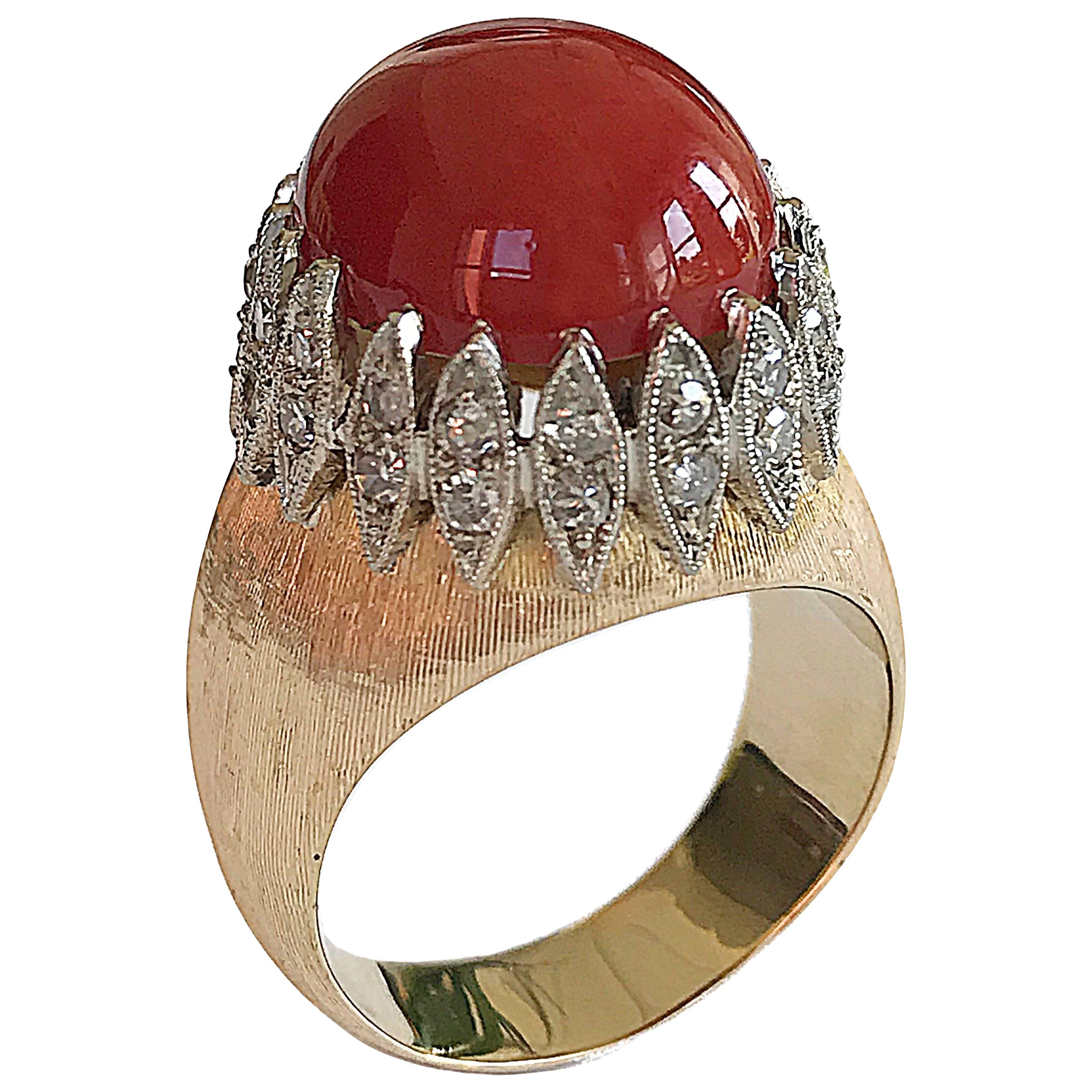 Vintage Italian Red Coral “Corallium Rubrum” Diamond Yellow Gold Ring For Sale