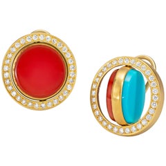 Wendy Brandes Mechanical Swivel Turquoise, Carnelian, Diamond and Gold Earrings