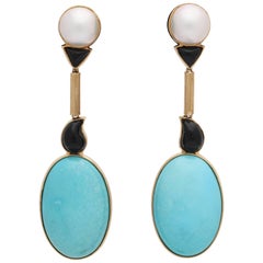 1970s Dramatic Long Turquoise, Onyx with Mabe Pearls Gold Pendant Drop Earrings
