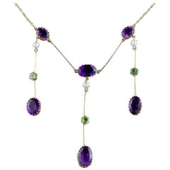 Antique Victorian Suffragette Necklace 18 Carat Gold Amethyst Droppers