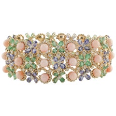 Blue Sapphire Emerald Diamond Coral Gold Flower Bracelet