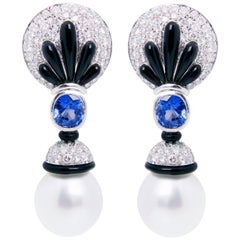 Ella Gafter Blue Sapphire Diamond White South Sea Pearl Onyx Gold Drop Earrings
