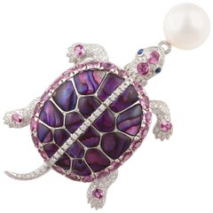 Ella Gafter South Sea Pearl Pink Sapphire and Diamond Gold Turtle Brooch Pin