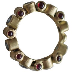 18K Gold Sapphire and Ruby Cabochons Bridal or Fashion Band Ring Contemporary