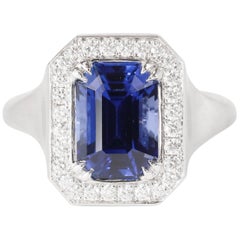 Blue Sapphire 3.43 Carat Emerald Cut 18 Karat White Gold Brushed Ring