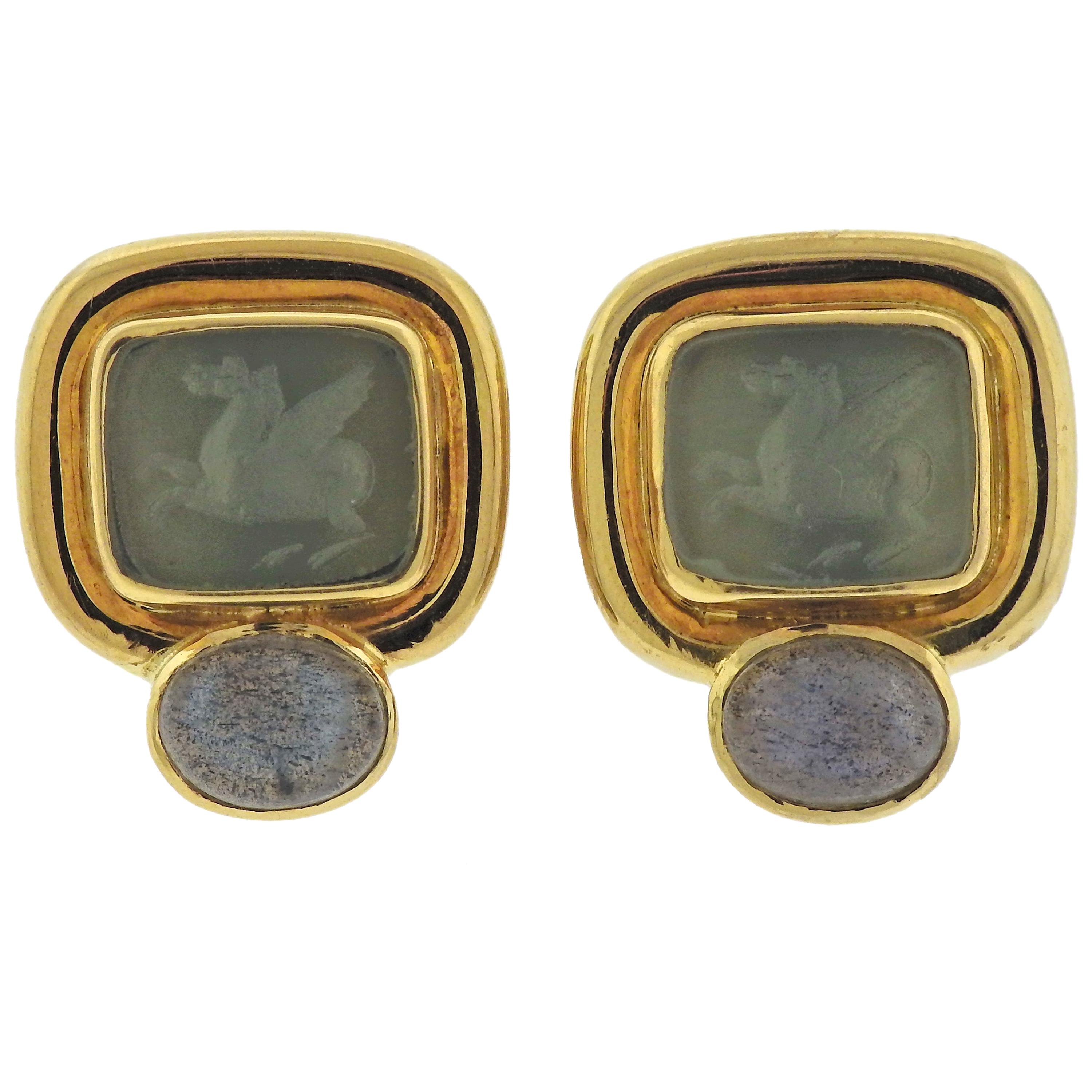 Elizabeth Locke Labradorite Venetian Glass Intaglio Gold Earrings