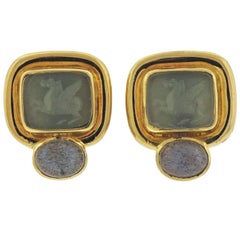 Vintage Elizabeth Locke Labradorite Venetian Glass Intaglio Gold Earrings