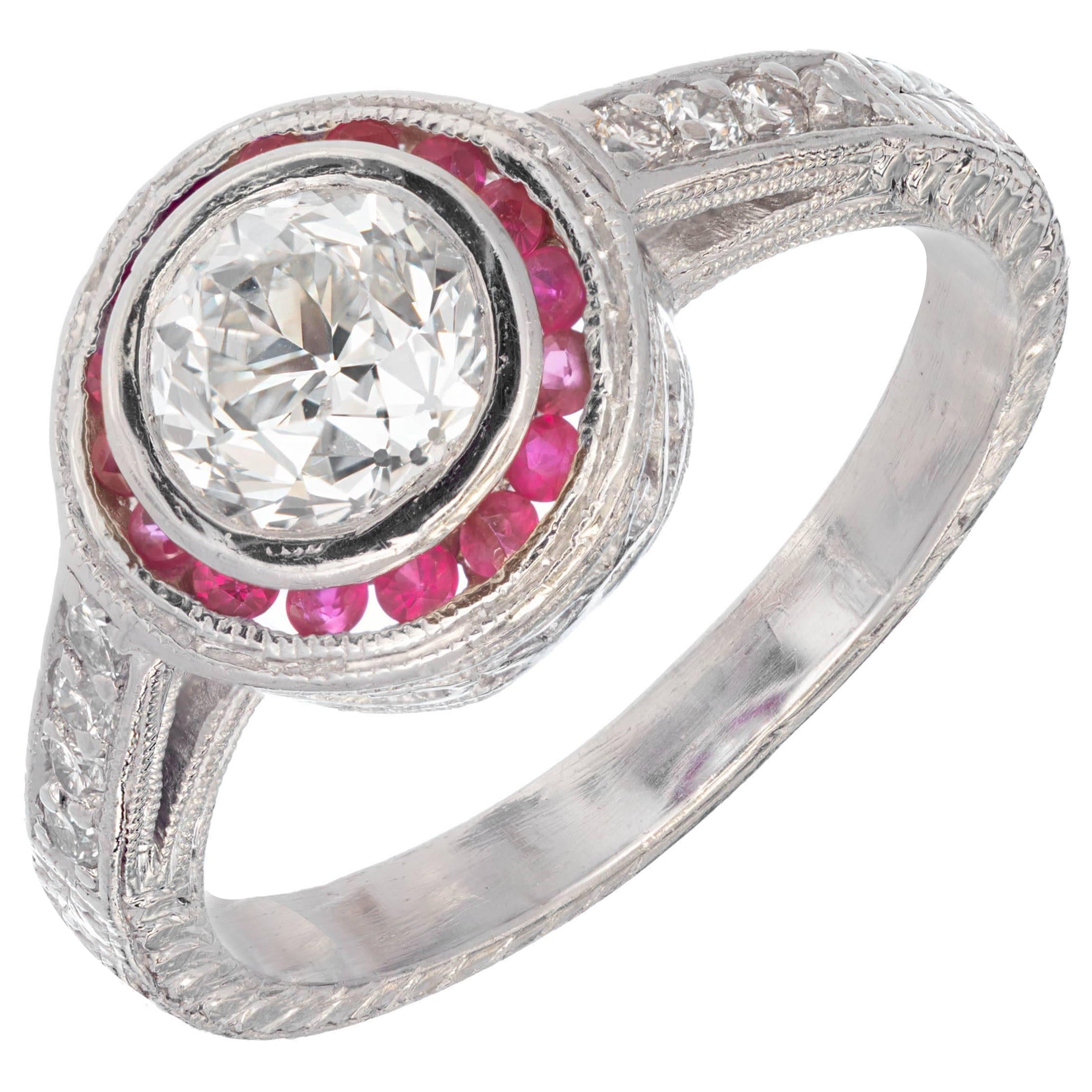 Bague de fiançailles Peter Suchy en platine avec halo de diamants de 1,07 carat certifiés EGL et rubis