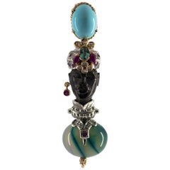 0.95 Carat Emerald Ruby Diamond Turquoise Agate Yellow Gold "Blackamoor" Pendant