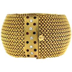 F.R.O.V. Retro Italian Diamond Ruby Sapphire Mesh Gold Bracelet