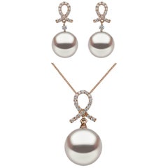 Yoko London Pearl and Diamond Drop Earrings and Pendant Set 18 Karat Rose Gold