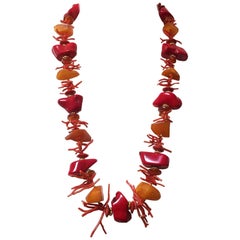 Coral and Amber Beaded Necklace with Yellow Gold Plated Silver by Marina J.