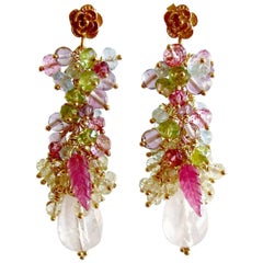 Rose Quartz, Blue/Pink Topaz, Amethyst, Peridot, Lemon Quartz Cluster Earrings