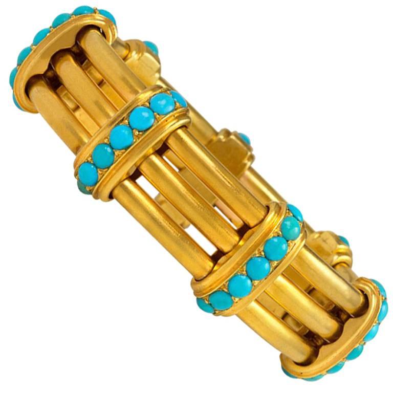 Persian Turquoise Pearl Gold Bangle Bracelet at 1stdibs