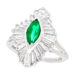 1970s, Vintage Emerald and 1.85 Carat Diamond Platinum Marquise Ring