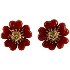 Mediterranean Red Coral 0.40 Carat Diamond Yellow Gold Clip-On Flowers Earrings